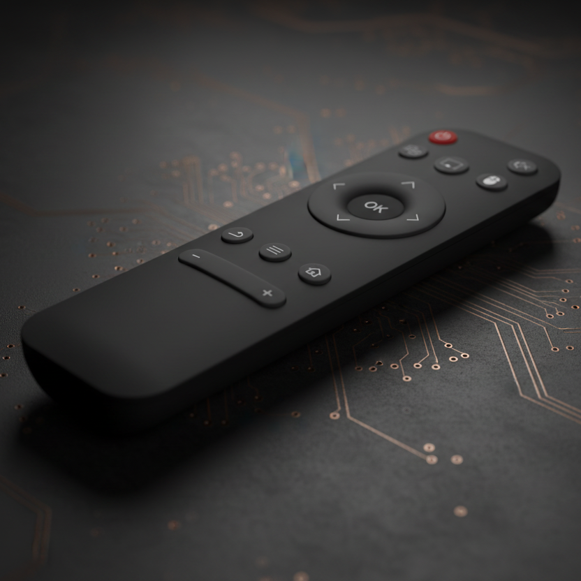 Included remote control and power cables for the Visionary Smart Cinema Core home entertainment system.