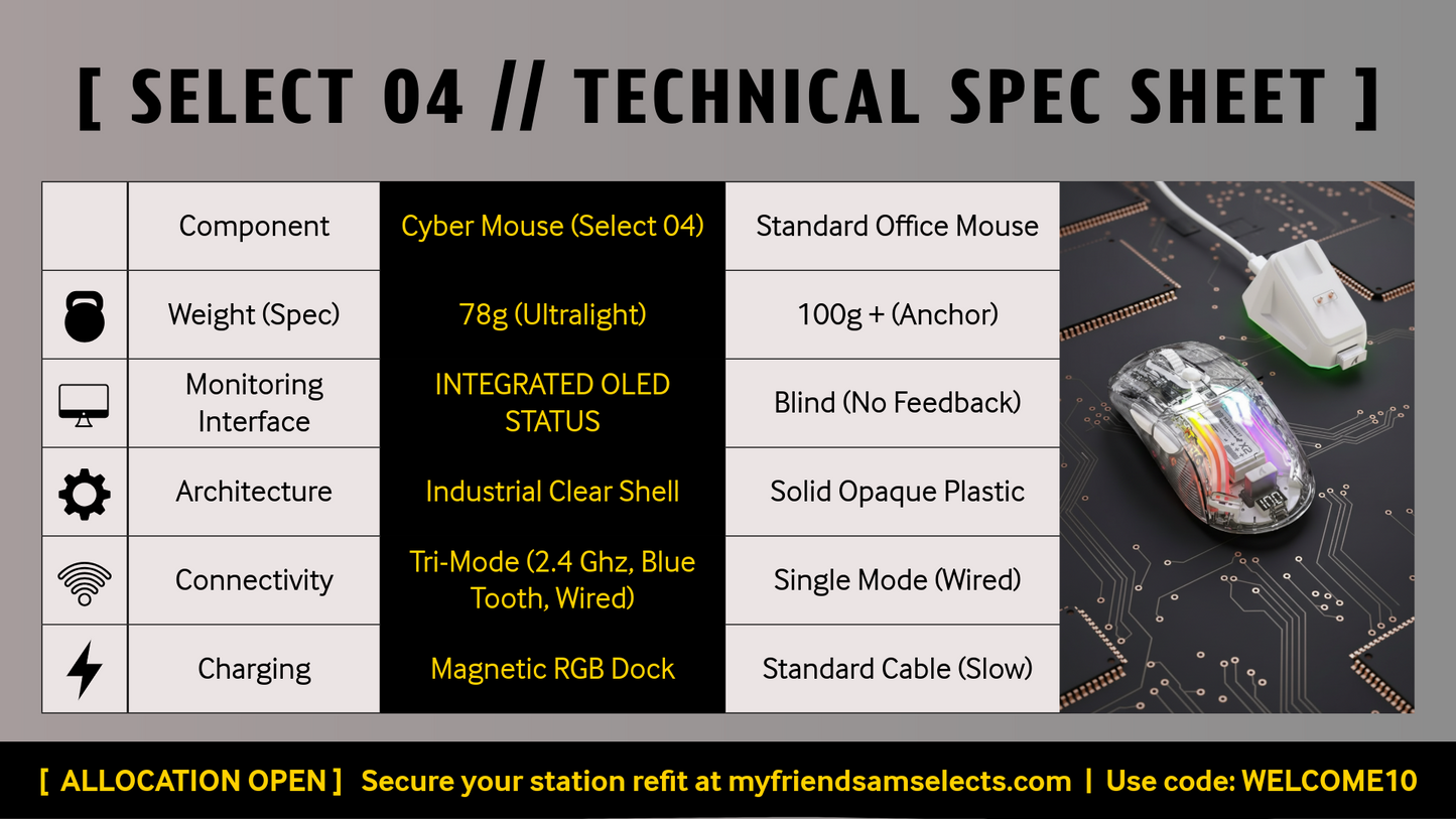 Select 04 Cyber Mouse Technical Specifications - 78g Ultralight, OLED Status, Tri-Mode Connectivity.