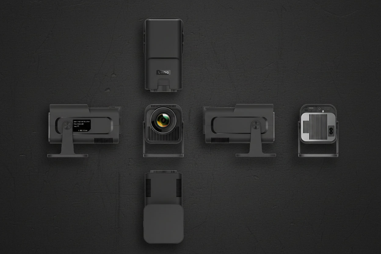 Compact design of The Visionary projector showing the lens and cooling vents for high-performance home theater.